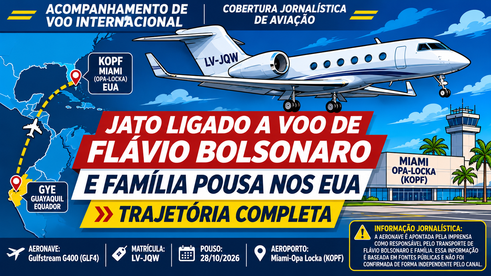 Jato associado à viagem de Flávio Bolsonaro e família pousa em Miami